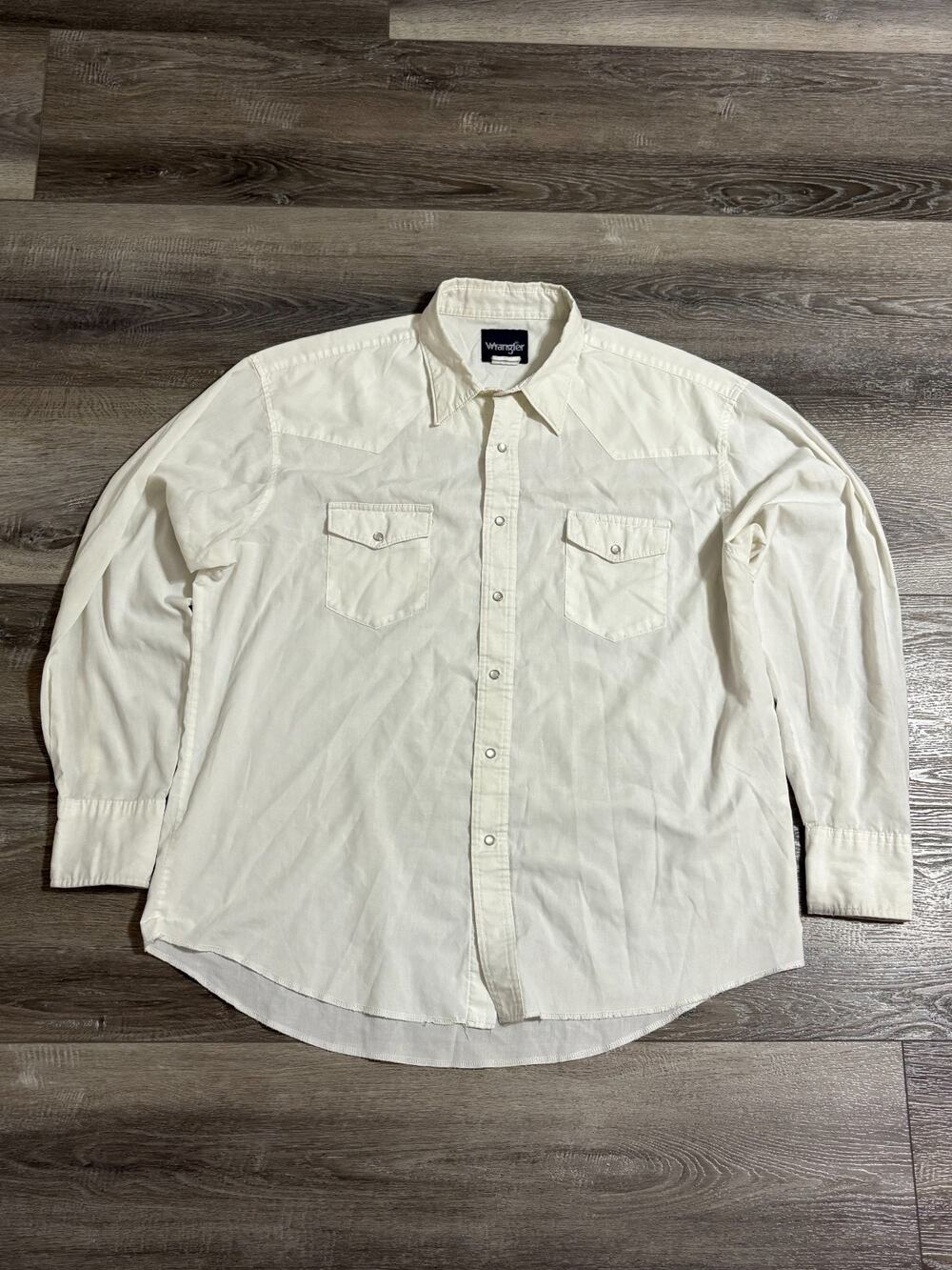 Vintage Wrangler White Long Sleeve Pearl Snap Western Retro Preppy - Men’s XL